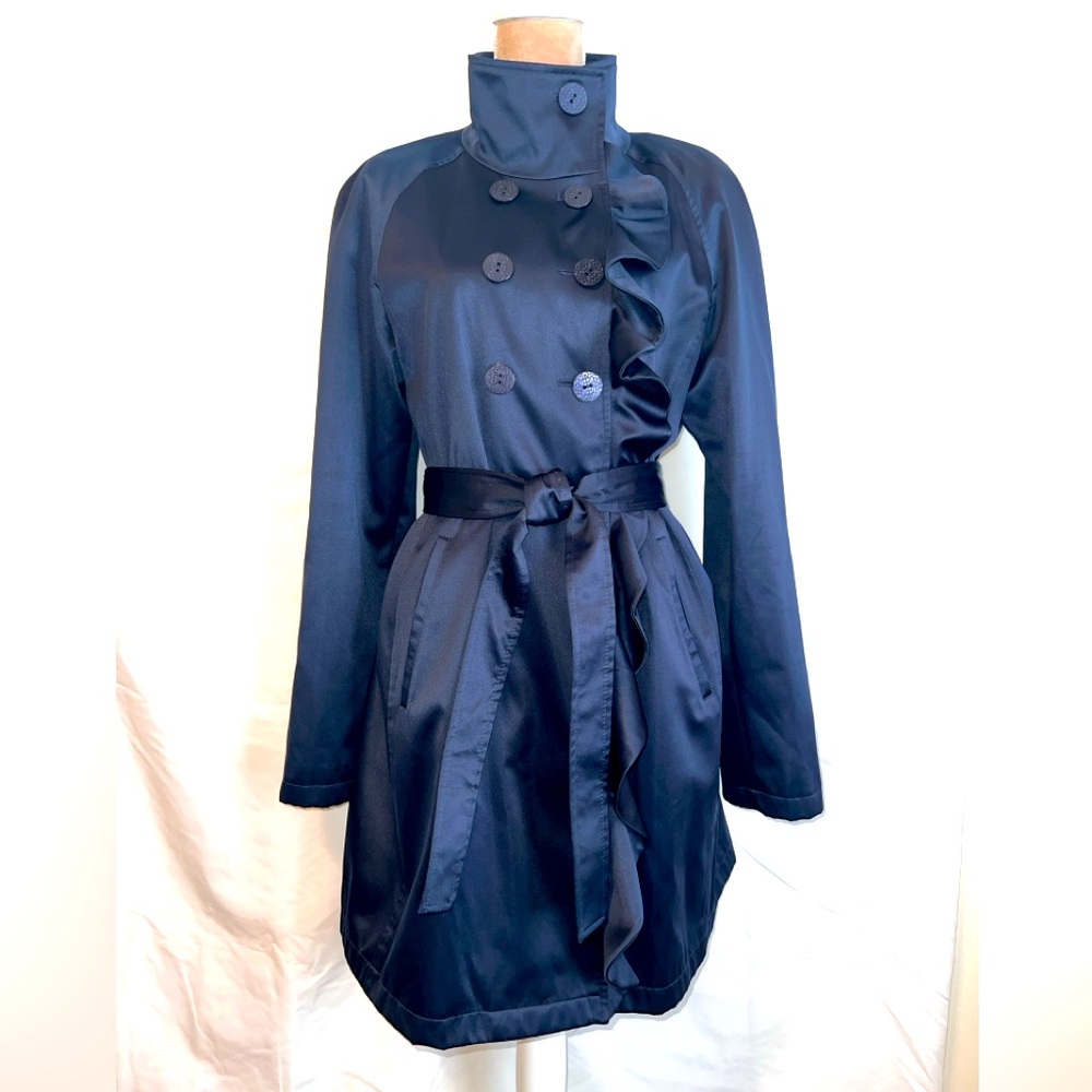 Tahari Blue Satin Double Breasted Trench Coat